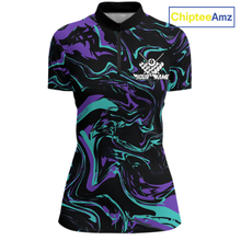 Load image into Gallery viewer, Front and back views of a women’s black billiards quarter zip with purple and teal marble patterns