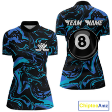 Load image into Gallery viewer, Front and back views of a women’s black billiards quarter zip with turquoise and teal marble patterns, custom team text, and a large 8-ball graphic on the back.