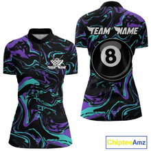 Load image into Gallery viewer, Front and back views of a women’s black billiards quarter zip with purple and teal marble patterns, custom team text, and a large 8-ball graphic on the back.