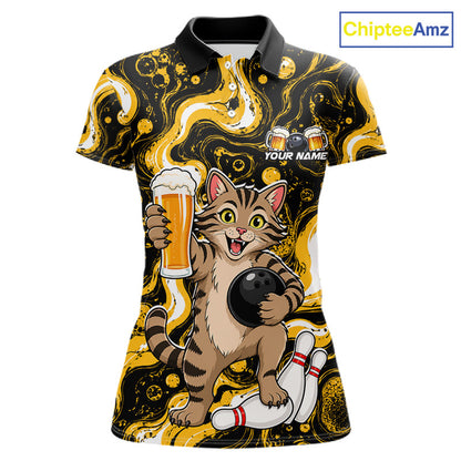 A women's short-sleeve polo shirt with a black and yellow abstract swirl background and a large cartoon cat holding a beer glass and bowling ball, with bowling pins at the bottom. The shirt has a black collar and a customizable name print area on the chest.