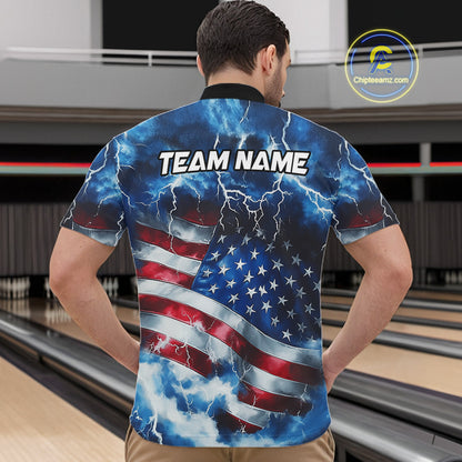 A man viewed from behind wearing a short-sleeve bowling shirt with a patriotic American flag design featuring lightning and clouds, with 'TEAM NAME' printed across the back. The background shows bowling lanes, and a 'ChipteeAmz.