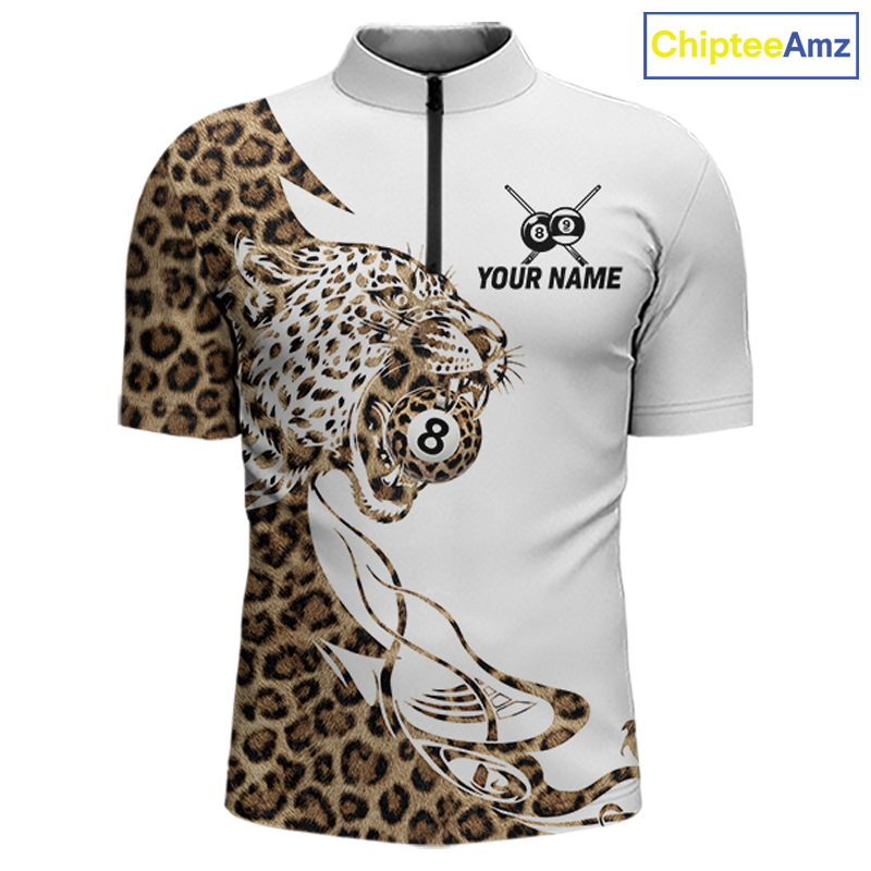 Front views of a white billiards quarter zip with leopard-print panels, a roaring leopard graphic, custom team text, and 8-ball details.