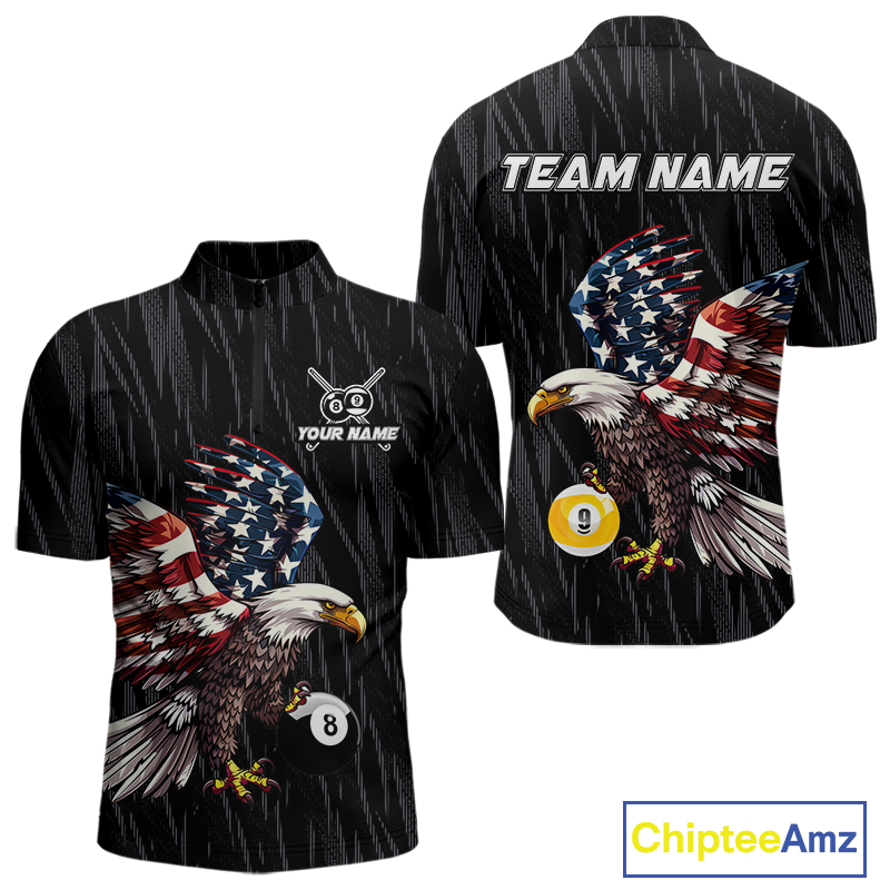 Front and back views of a black billiards quarter zip with a distressed American flag eagle pattern and large 8-ball and 9-ball graphics.