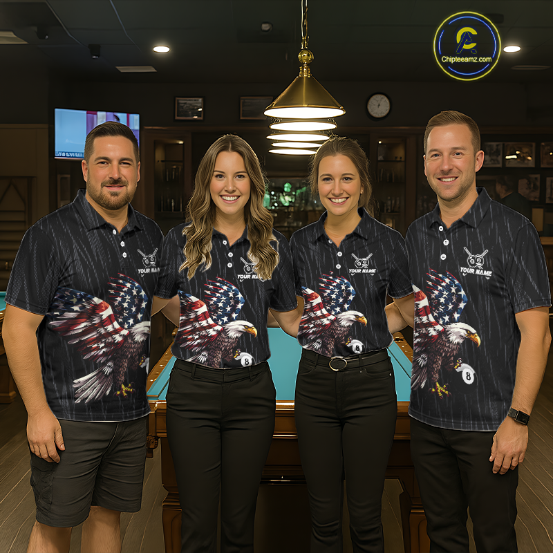 Four people wearing american flag eagle 8 ball billiard shirts with a logo in a billiard league