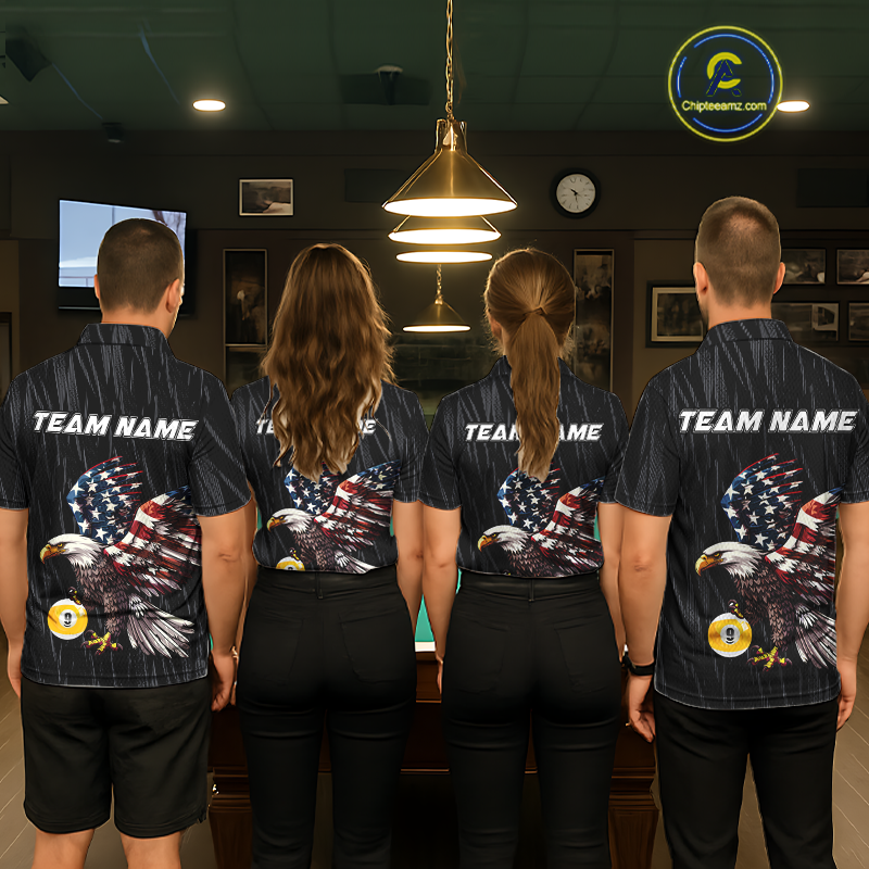 Four people wearing american flag eagle 9 ball billiard shirts with a logo in a billiard league