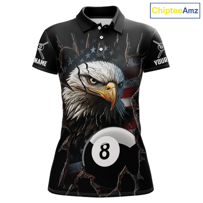 Front views of a black billiards polo featuring a bald eagle graphic, cracked flag background, and large 8-ball designs.