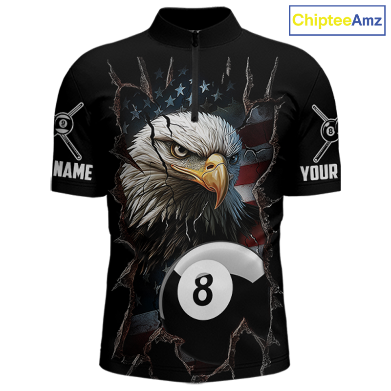 Front views of a black billiards quarter zip featuring a bald eagle graphic, cracked flag background, and large 8-ball designs.