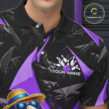 Load image into Gallery viewer, Black and purple bowling shirt with a logo and text on a dark background