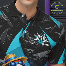 Load image into Gallery viewer, Black and blue bowling shirt with a logo and text on a dark background