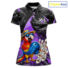 Load image into Gallery viewer, Colorful polo shirt with a parrot design and bowling elements on a white background, branded 'ChipteeAmz'.