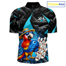 Load image into Gallery viewer, Colorful parrot with a hat and sunglasses holding a bowling ball and pins on a black and blue patterned shirt with 'ChipteeAmz' branding.