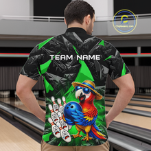 Load image into Gallery viewer, Man wearing a colorful bowling shirt with a parrot design at a bowling alley.