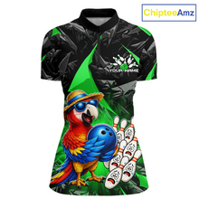 Load image into Gallery viewer, Colorful parrot bowling shirt with green and black design, featuring 'ChipteeAmz' branding.