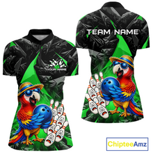 Load image into Gallery viewer, Colorful bowling shirt with parrot design and customizable text on a white background