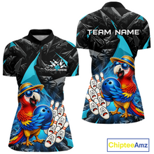 Load image into Gallery viewer, Colorful bowling shirt with parrot design and customizable text on a white background