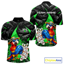 Load image into Gallery viewer, Colorful parrot-themed bowling shirt with customizable text on a white background