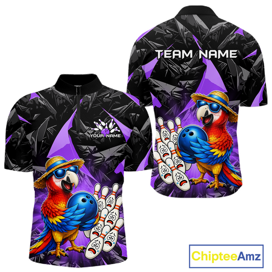 Colorful polo shirt with parrot design and customizable text on a white background