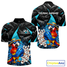 Load image into Gallery viewer, Bowling shirt with parrot design and customizable text on a white background