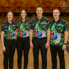 Load image into Gallery viewer, Four people wearing matching bowling shirts with colorful parrot designs on a bowling alley.