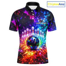 Load image into Gallery viewer, Colorful bowling-themed polo shirt with a bowling ball and pins design, featuring the brand 'ChipteeAmz'.