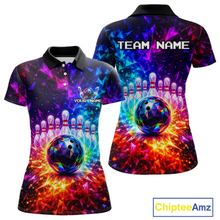 Load image into Gallery viewer, Colorful bowling-themed polo shirt with 'Team Name' and 'Your Name' text on a white background.
