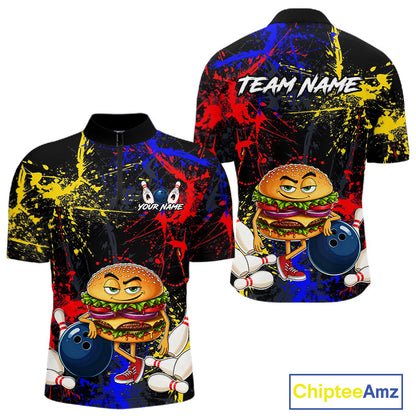 Front and back views of a custom short-sleeve polo shirt featuring a cartoon burger character holding a bowling ball, with colorful red, blue, and yellow paint splatter designs on a black background. The front includes customizable text placeholders 'YOUR NAME' and 'TEAM NAME'.