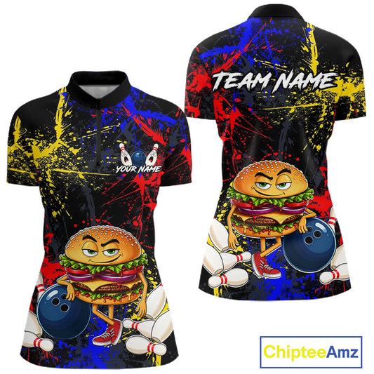 Custom Colorful Funny Hamburger Bowling Jersey for Women Bowling Team Shirts Bowling League HNT467