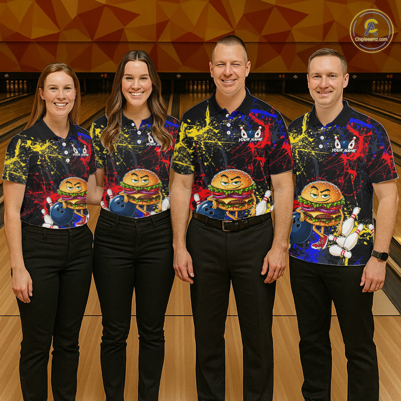 Four men standing in a bowling alley wearing matching bowling shirts with a cartoon burger and bowling balls, paired with black pants. A 'ChipteeAmz' logo is visible in the top right corner.
