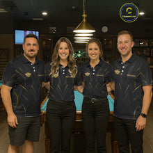 Load image into Gallery viewer, Four people in matching dark blue polo shirts with logos standing in a bar setting.
