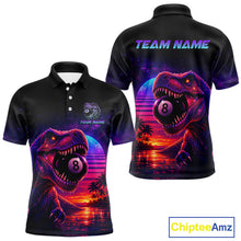 Load image into Gallery viewer, Black polo shirt with dinosaur and pool ball design on front and back, featuring 'Chiptee Amz' branding.