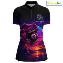 Load image into Gallery viewer, Black polo shirt with dinosaur and pool ball design on a white background, branded 'Chiptee Amz'.