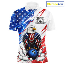 Load image into Gallery viewer, Polo shirt with American flag design and eagle holding a bowling ball, featuring ChipteeAmz branding.