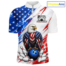 Load image into Gallery viewer, Polo shirt with American flag design and eagle holding a bowling ball, featuring ChipteeAmz branding.