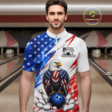 Load image into Gallery viewer, Man wearing a bowling shirt with American flag design and eagle graphic in a bowling alley.