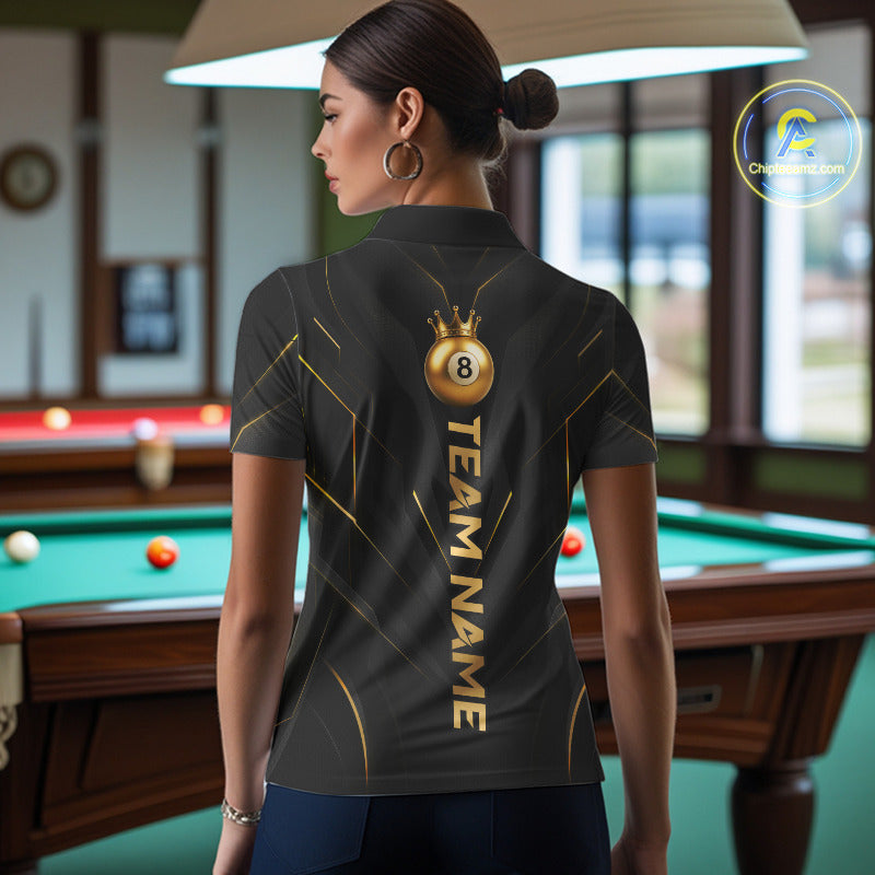 Custom Black Gold Crown 8 Ball Billiard Shirts for Women Billiard Team Jerseys Billiard League NNT272