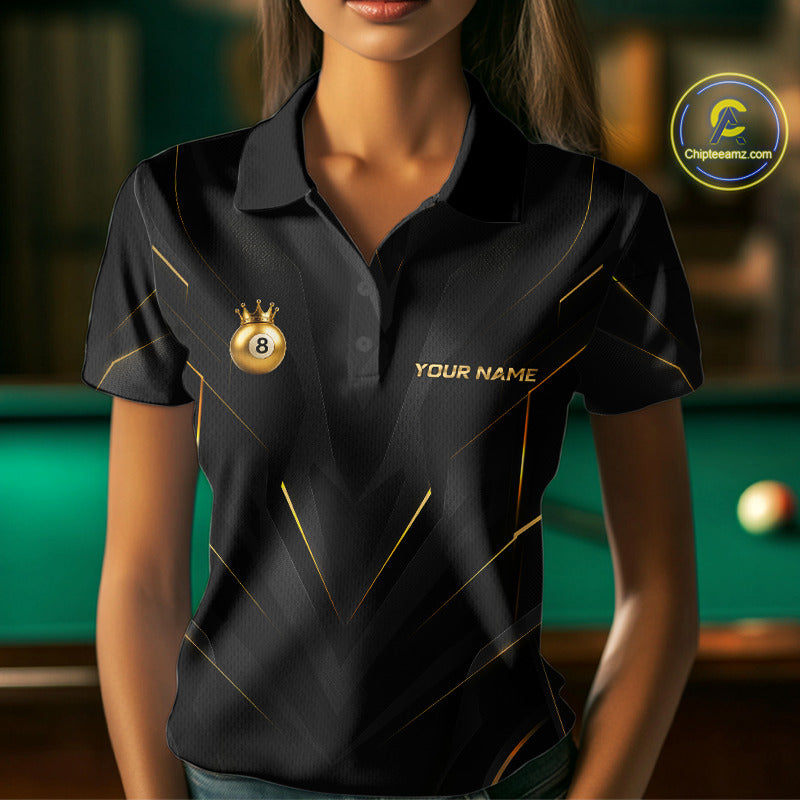 Custom Black Gold Crown 8 Ball Billiard Shirts for Women Billiard Team Jerseys Billiard League NNT272