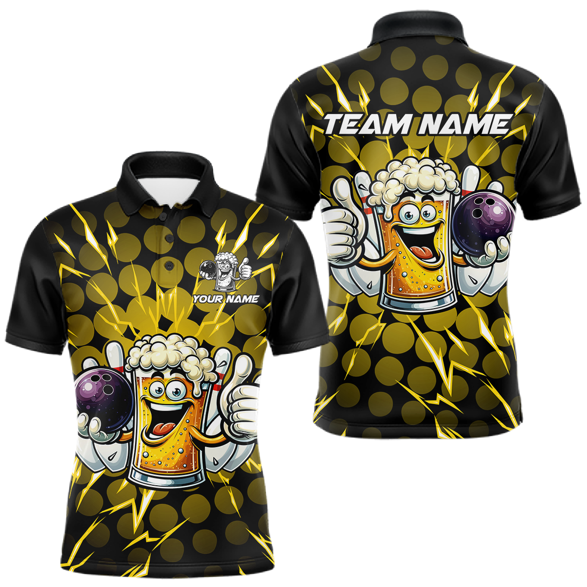 Custom Yellow Funny Beer Bowling Jersey for Men Bowling Team Shirts Polo & 1/4 Zip HNT187