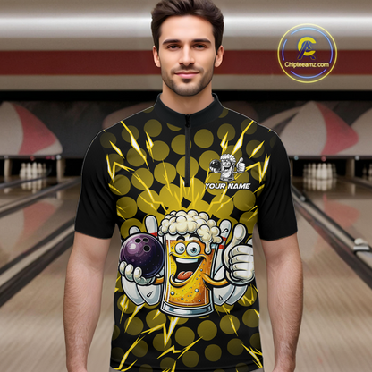 Custom Yellow Funny Beer Bowling Jersey for Men Bowling Team Shirts Polo & 1/4 Zip HNT187