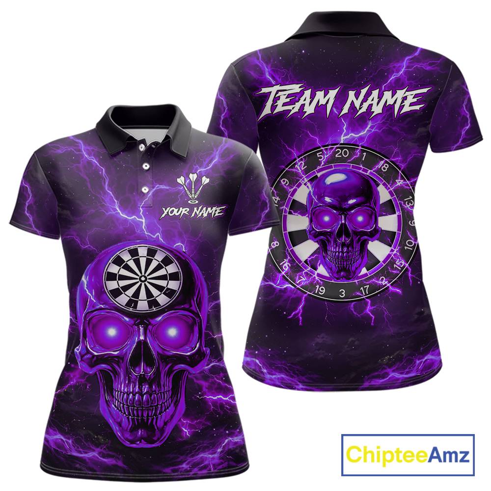 Custom Purple Lightning Thunder Skull Dart Shirts For Women Darts Team Jerseys Polo & 1/4 Zip NNT135