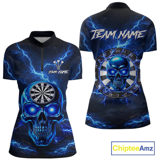 Custom Blue Lightning Thunder Skull Dart Shirts For Women Darts Team Jerseys Polo & 1/4 Zip NNT135