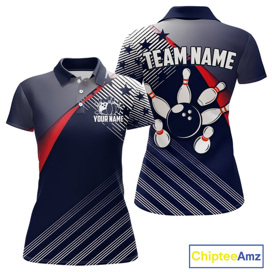 Custom US Flag Bowling Jersey for Women Bowling Team Shirts Bowling Uniform Polo & 1/4 Zip HNT165
