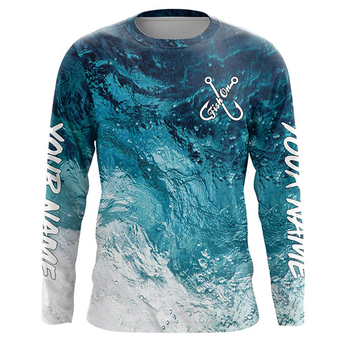 Fish on blue sea water camo Custom Name performance long sleeve fishing shirts uv protection TTV104