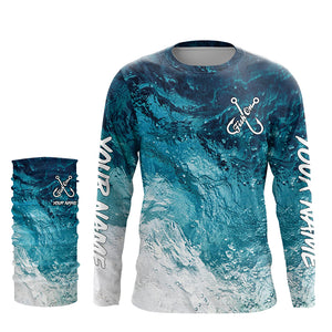 Fish on blue sea water camo Custom Name performance long sleeve fishing shirts uv protection TTV104