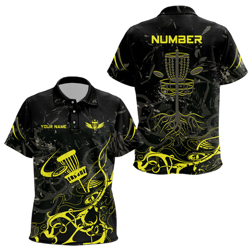 Yellow Camo Black Kids Disc Golf Polo Shirts Custom Disc Golf Basket Tree Personalized Golf Gifts For Kid TY2