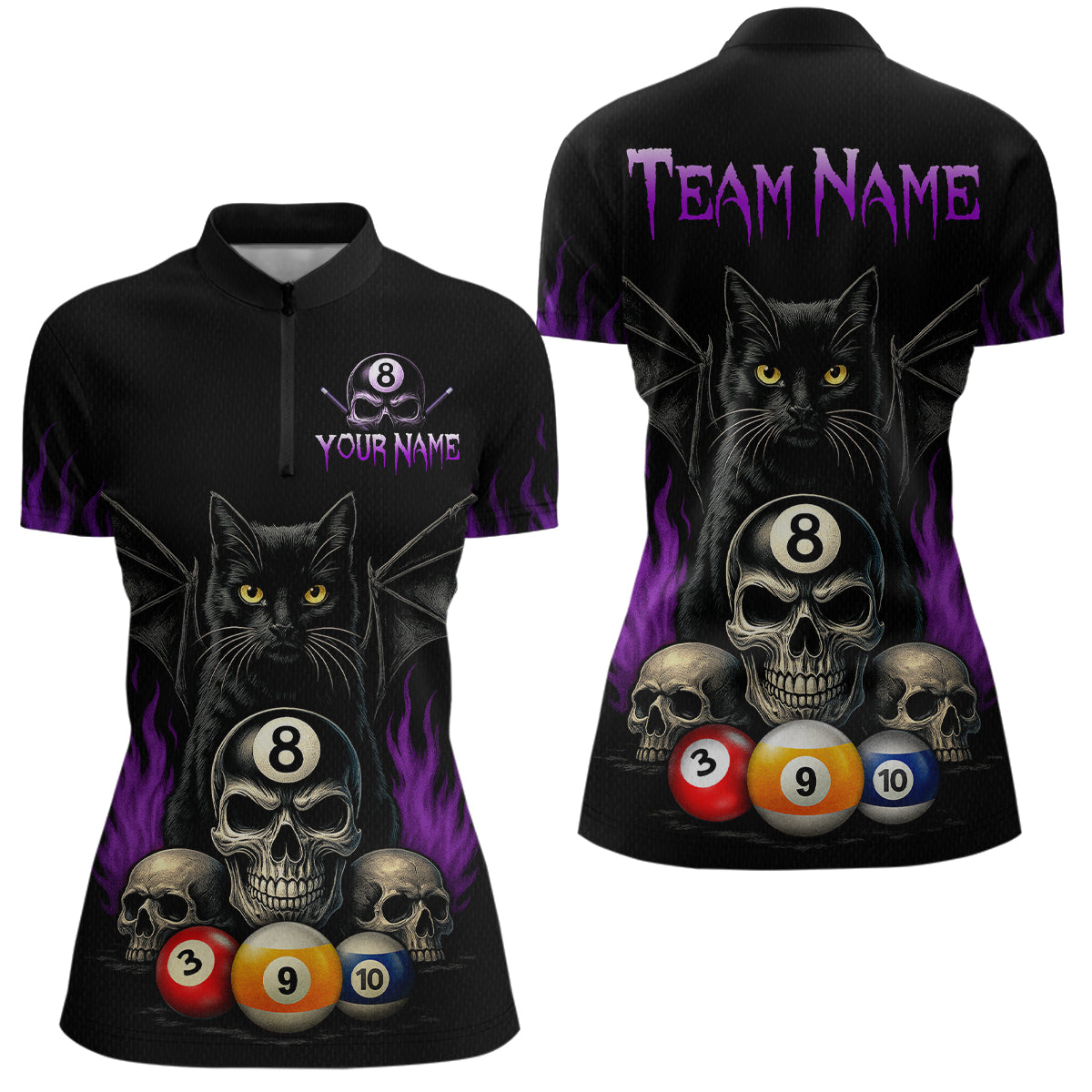 Personalized Name Bat Cat Billards Women Quarter-Zip Shirts Custom Team Name Billiard Shirt Design YYD0014