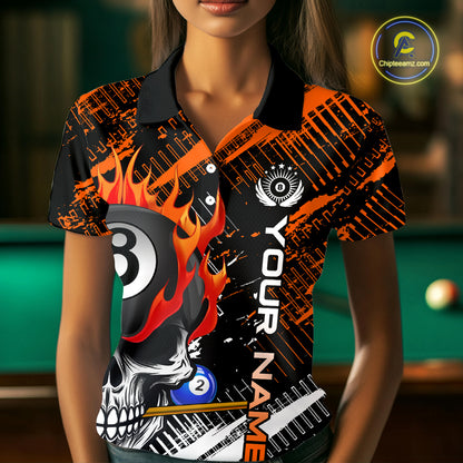 Personalized Name Billiard Skull Flame Polo Shirts For Woman  Custom Team Name Billiard Shirt Design YYD0015
