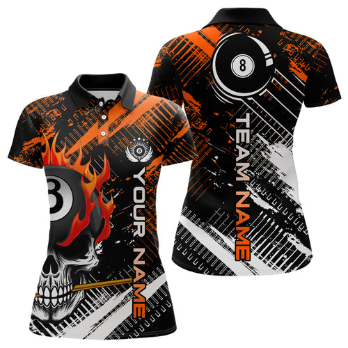 Personalized Name Billiard Skull Flame Polo Shirts For Woman  Custom Team Name Billiard Shirt Design YYD0015