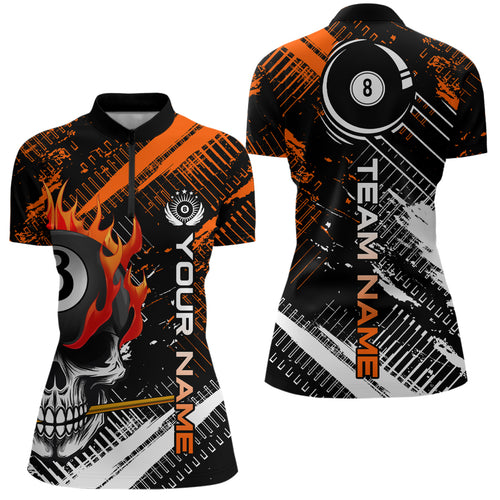 Personalized Name Billiard Skull Flame Women Quarter-Zip Shirts Custom Team Name Billiard Shirt Design YYD0015