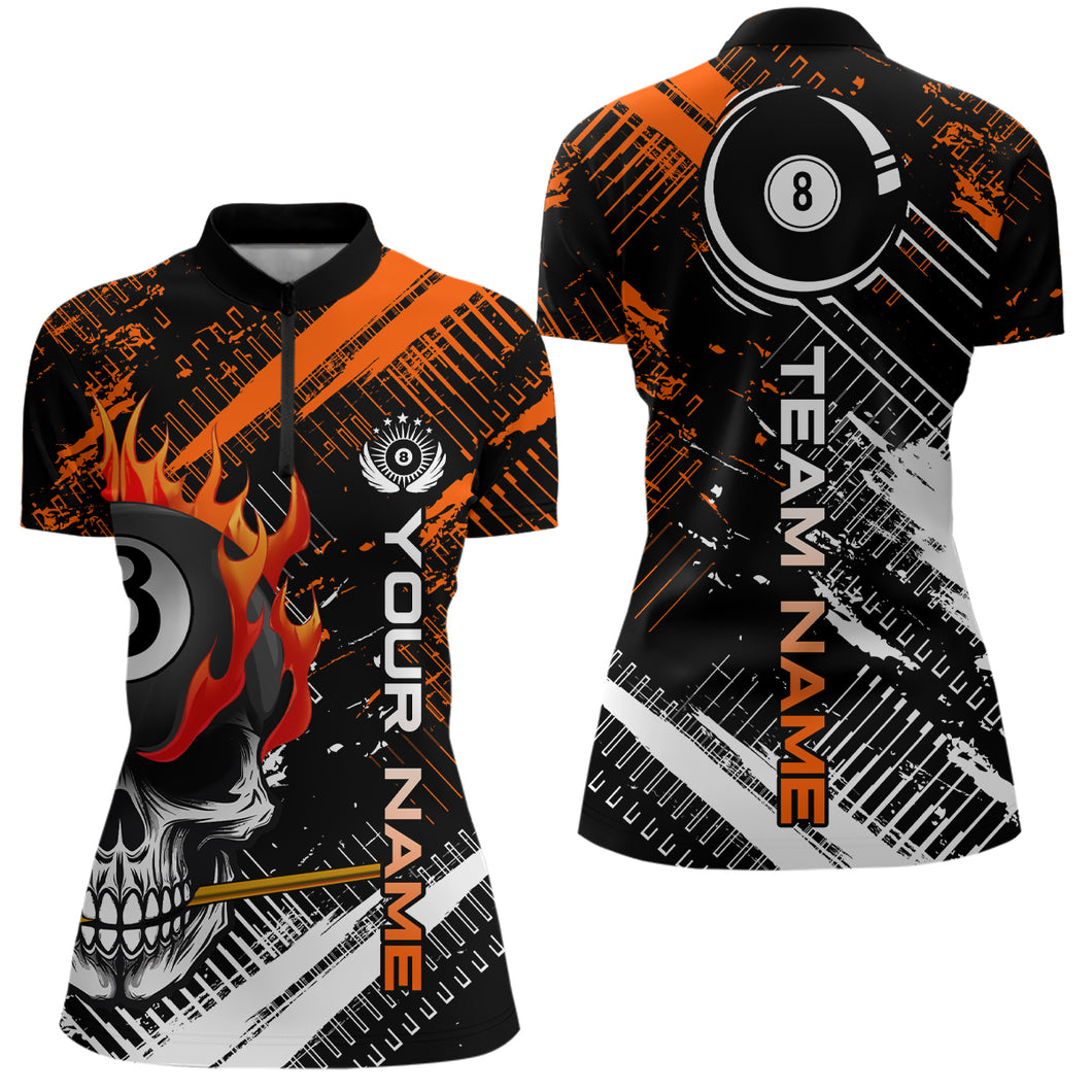 Personalized Name Billiard Skull Flame Women Quarter-Zip Shirts Custom Team Name Billiard Shirt Design YYD0015