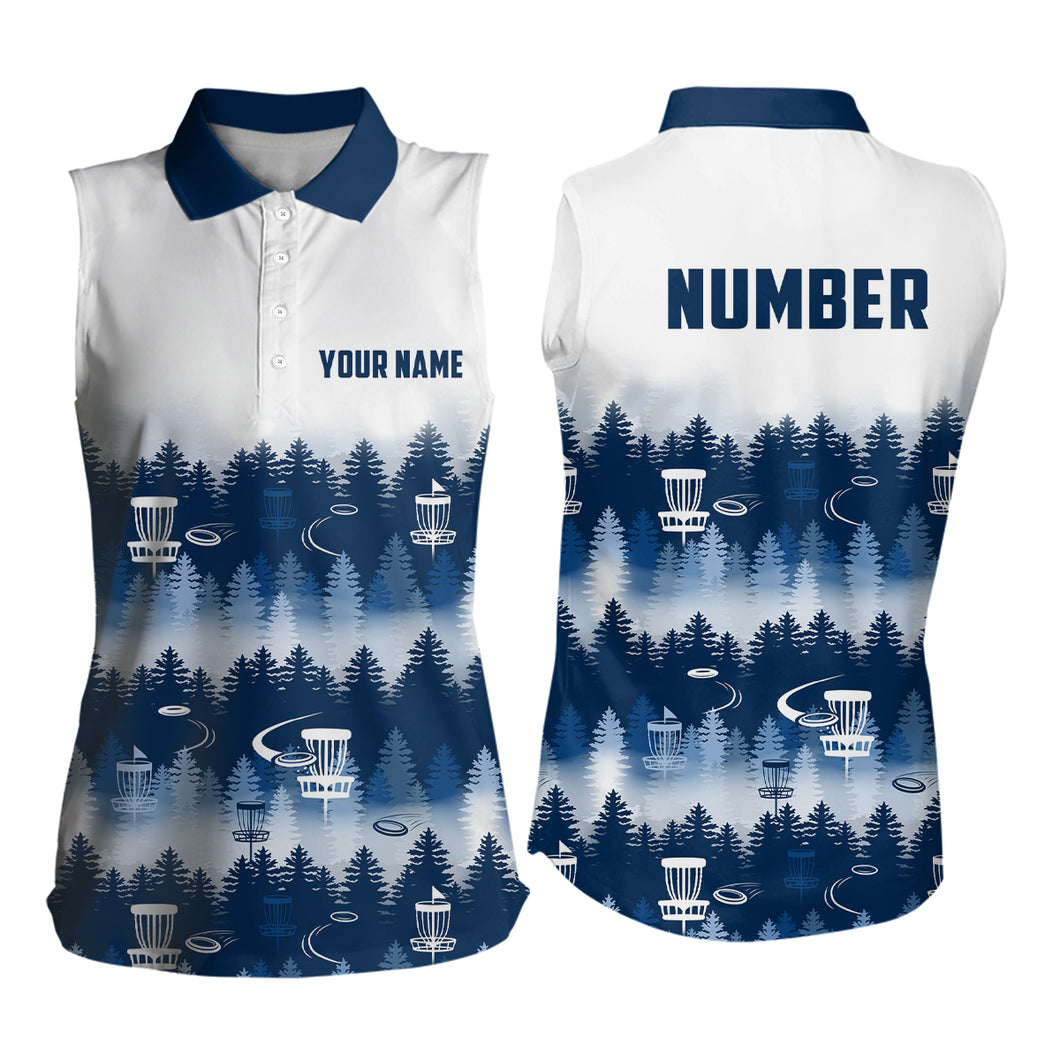 Disc Golf Forest Pattern Womens Disc Golf Sleeveless Polo Shirts Custom Name And Number Disc Golf Gifts For Woman | Navy YYD0017